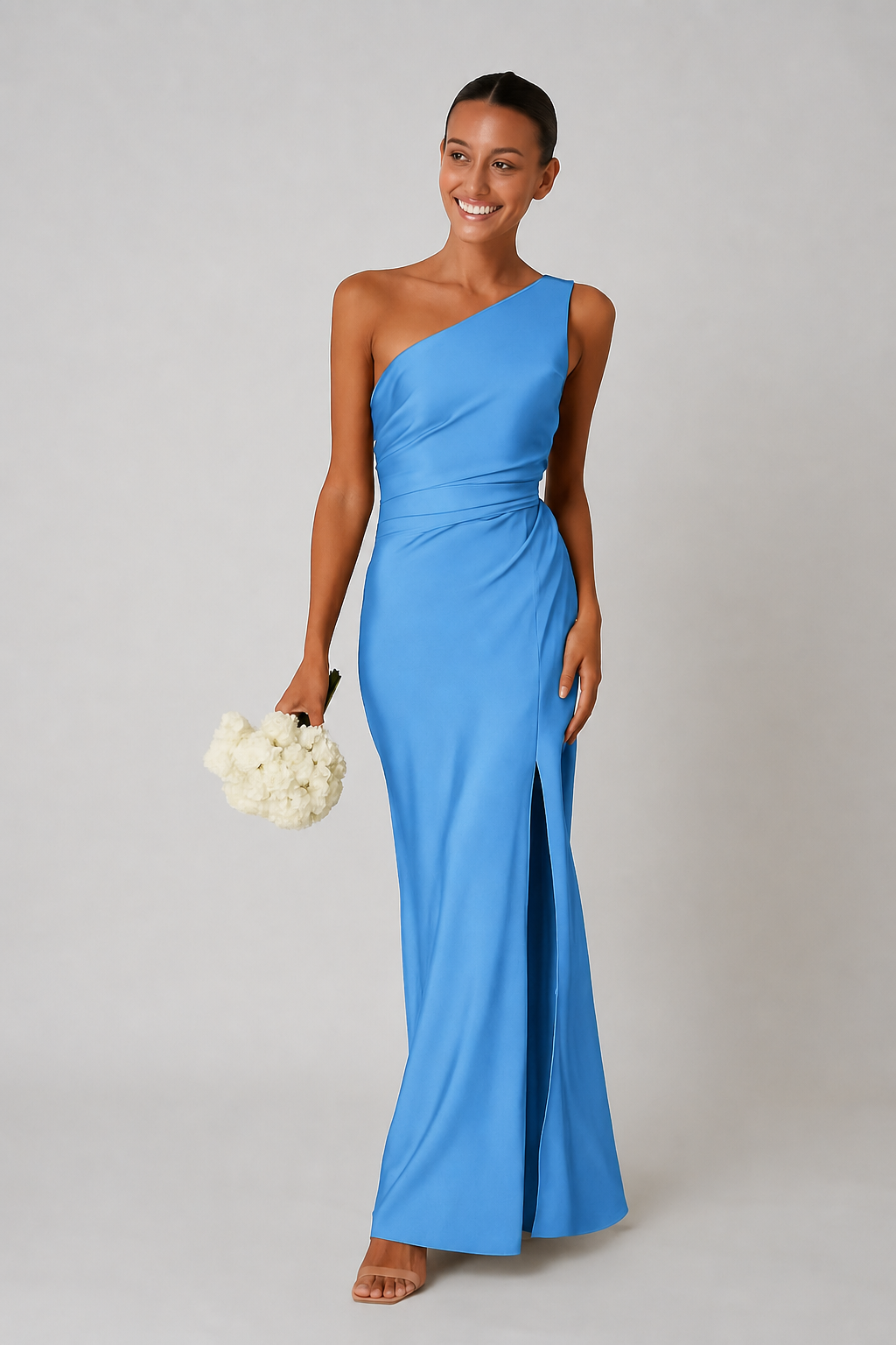 Satijnlook one-shoulder maxi jurk met hoge split