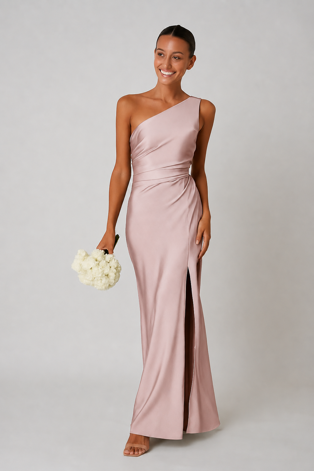 Satijnlook one-shoulder maxi jurk met hoge split