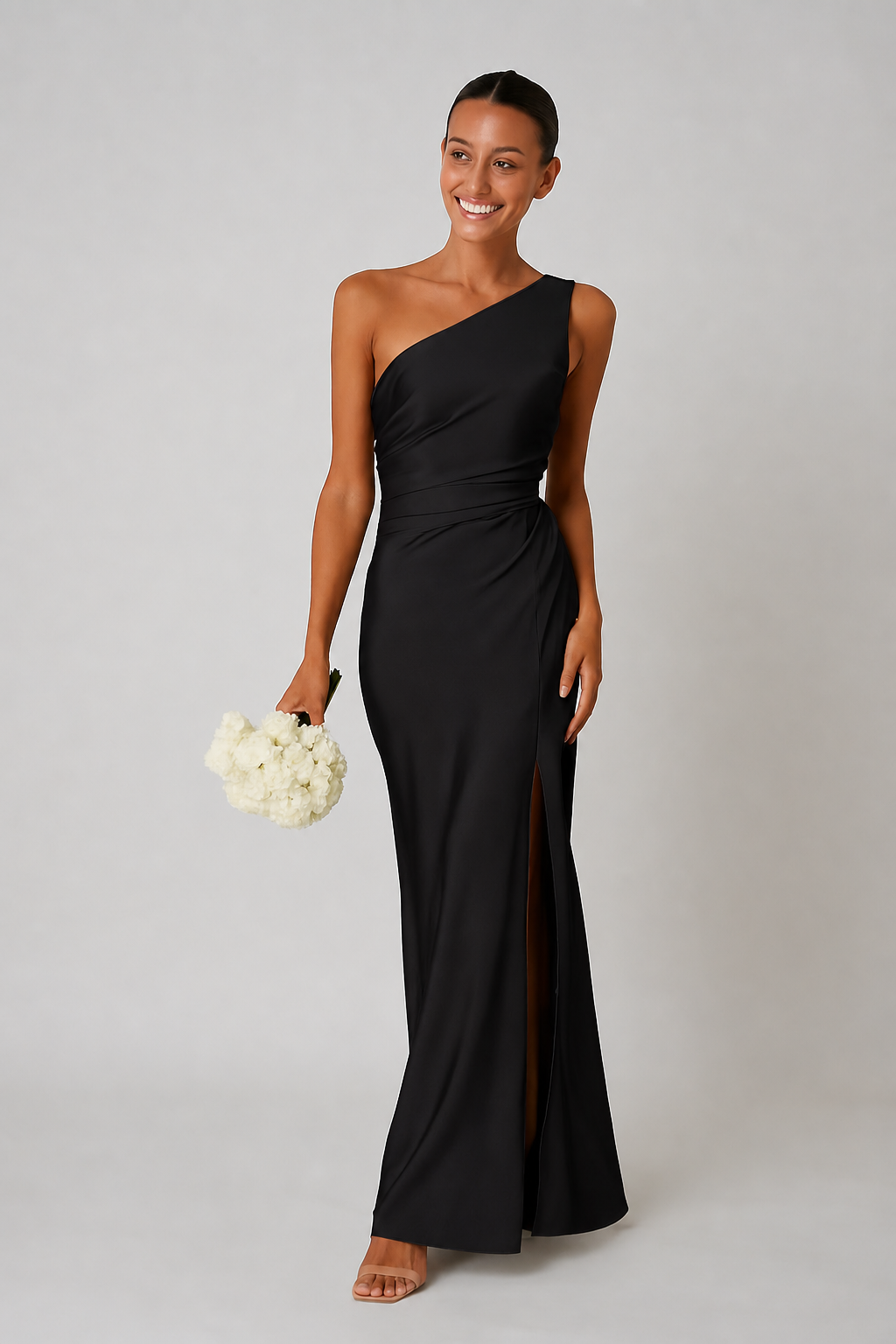Satijnlook one-shoulder maxi jurk met hoge split