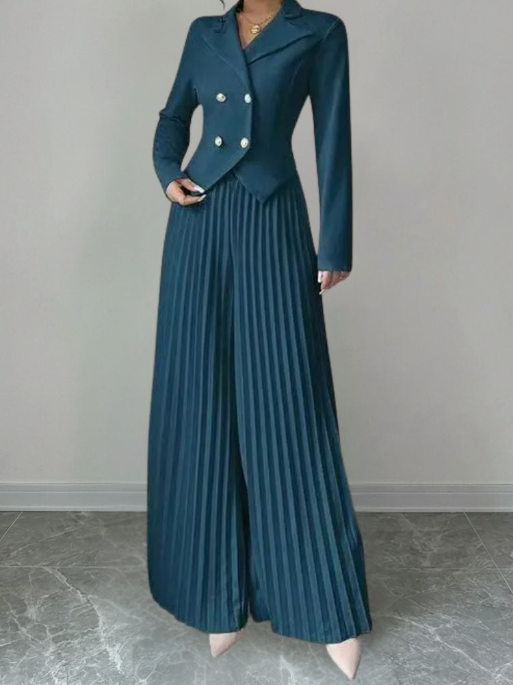Tweedelig Damespak met Cropped Blazer en Geplooide Wijde Broek