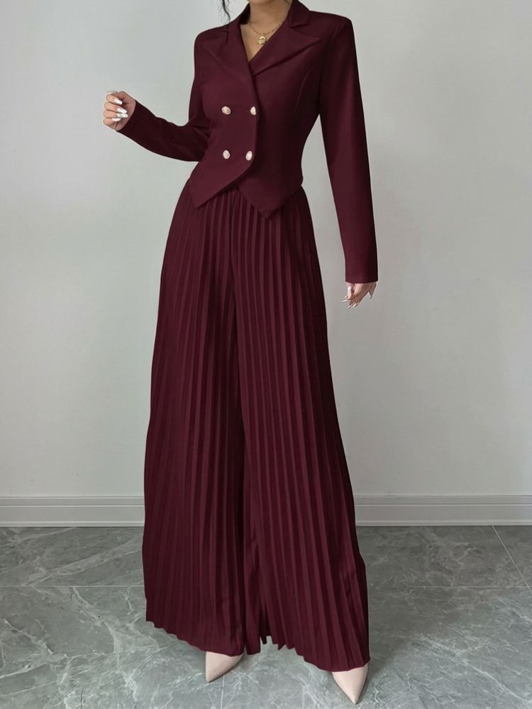 Tweedelig Damespak met Cropped Blazer en Geplooide Wijde Broek