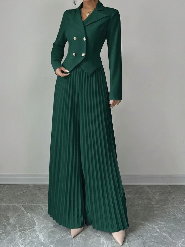 Tweedelig Damespak met Cropped Blazer en Geplooide Wijde Broek
