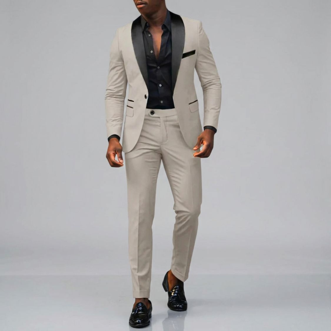 Tweedelig Herenpak met Contrastkraag en Slim Fit