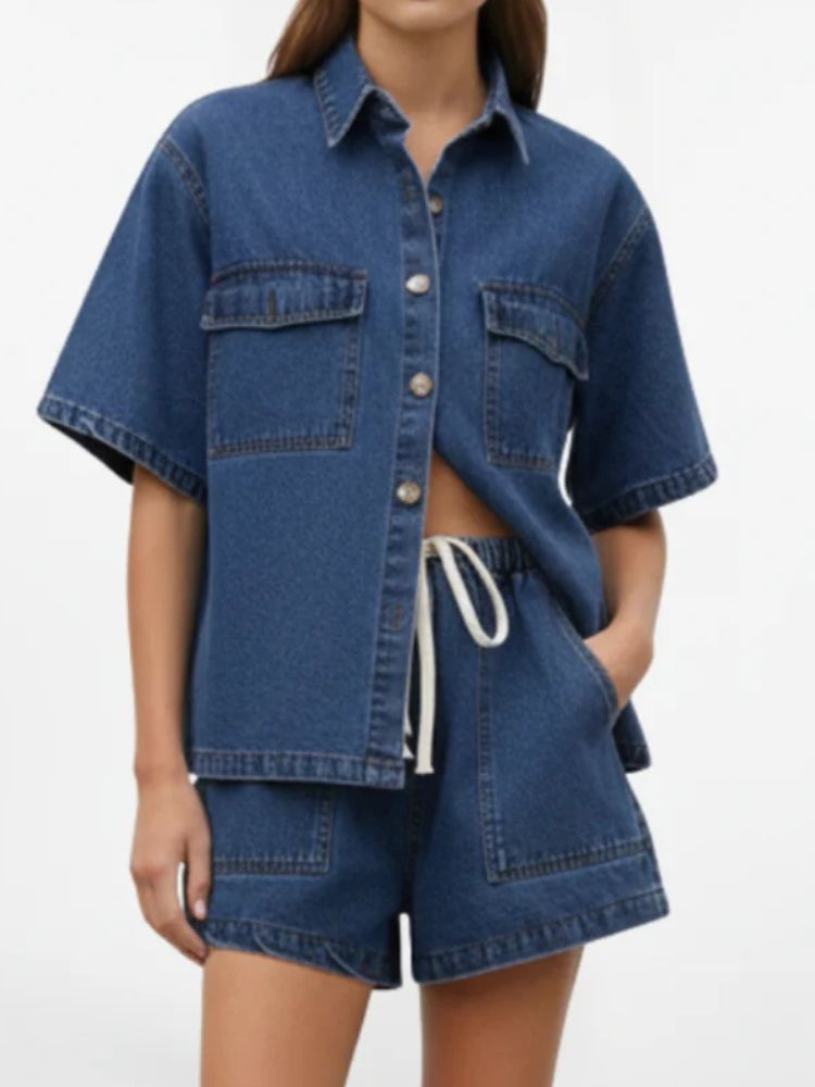 Tweedelige Dames Denim Zomerset met Overhemd en Korte Broek