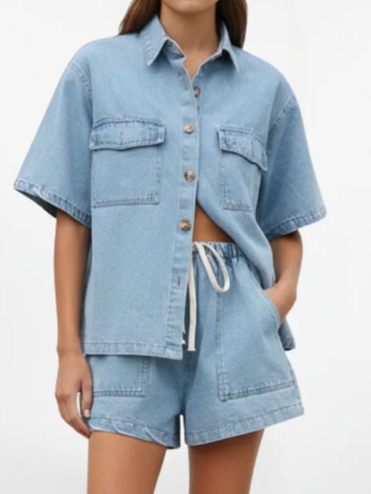 Tweedelige Dames Denim Zomerset met Overhemd en Korte Broek