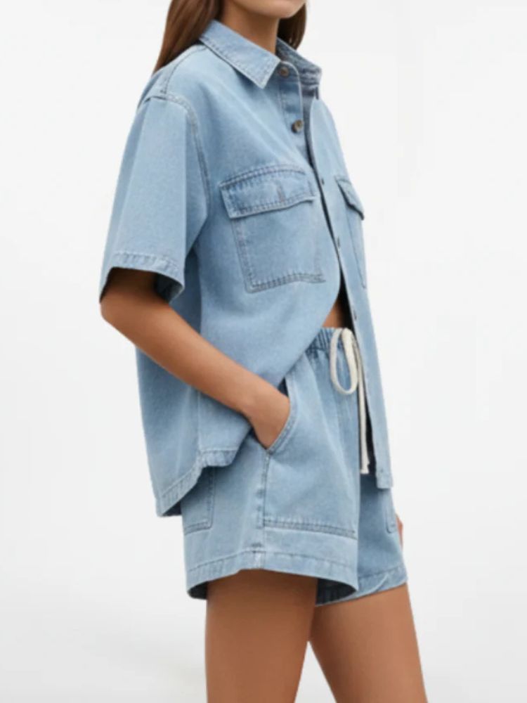 Tweedelige Dames Denim Zomerset met Overhemd en Korte Broek