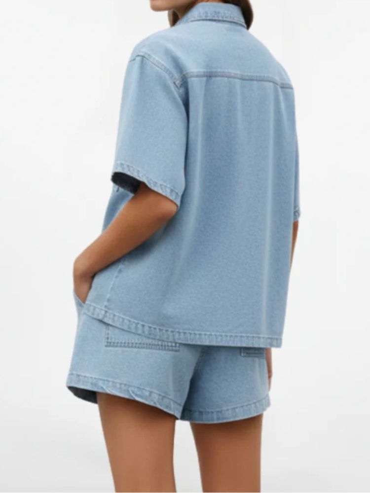 Tweedelige Dames Denim Zomerset met Overhemd en Korte Broek