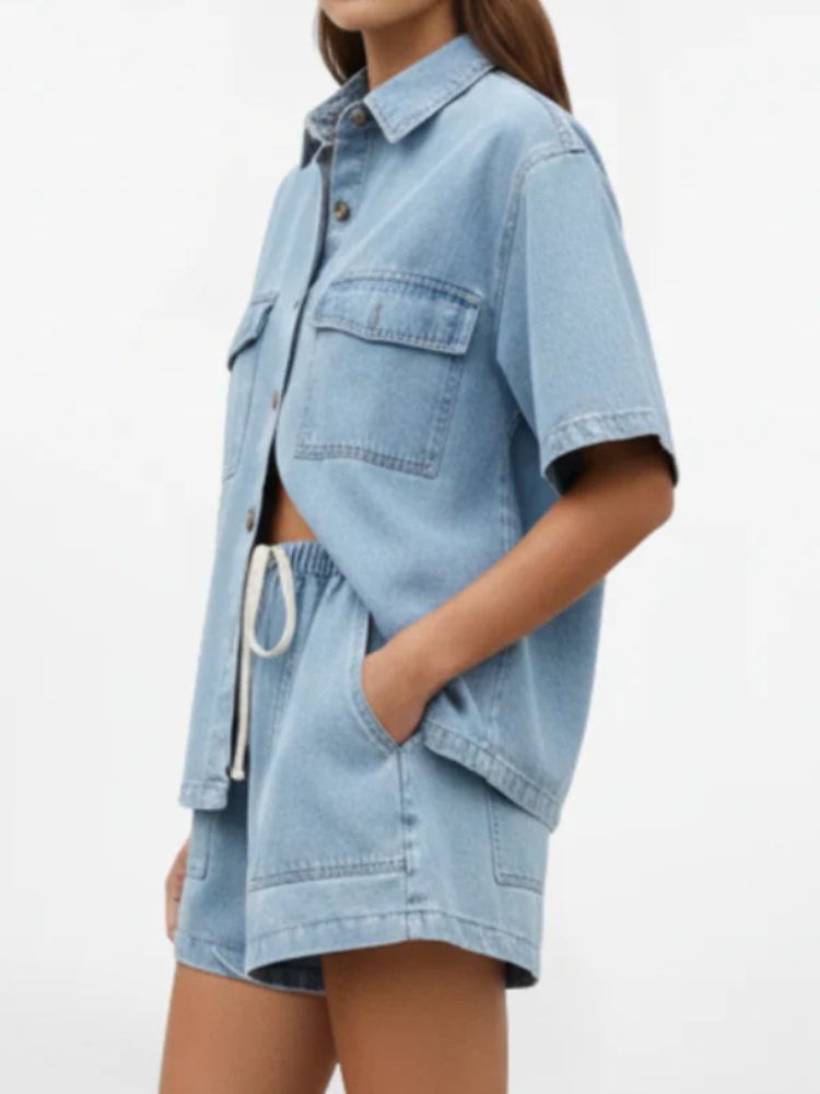 Tweedelige Dames Denim Zomerset met Overhemd en Korte Broek