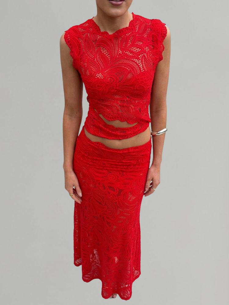 Tweedelige Dames Kanten Set met Crop Top en Midi Rok