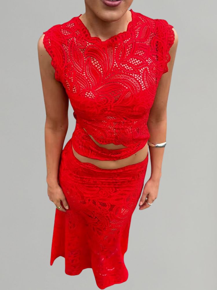 Tweedelige Dames Kanten Set met Crop Top en Midi Rok