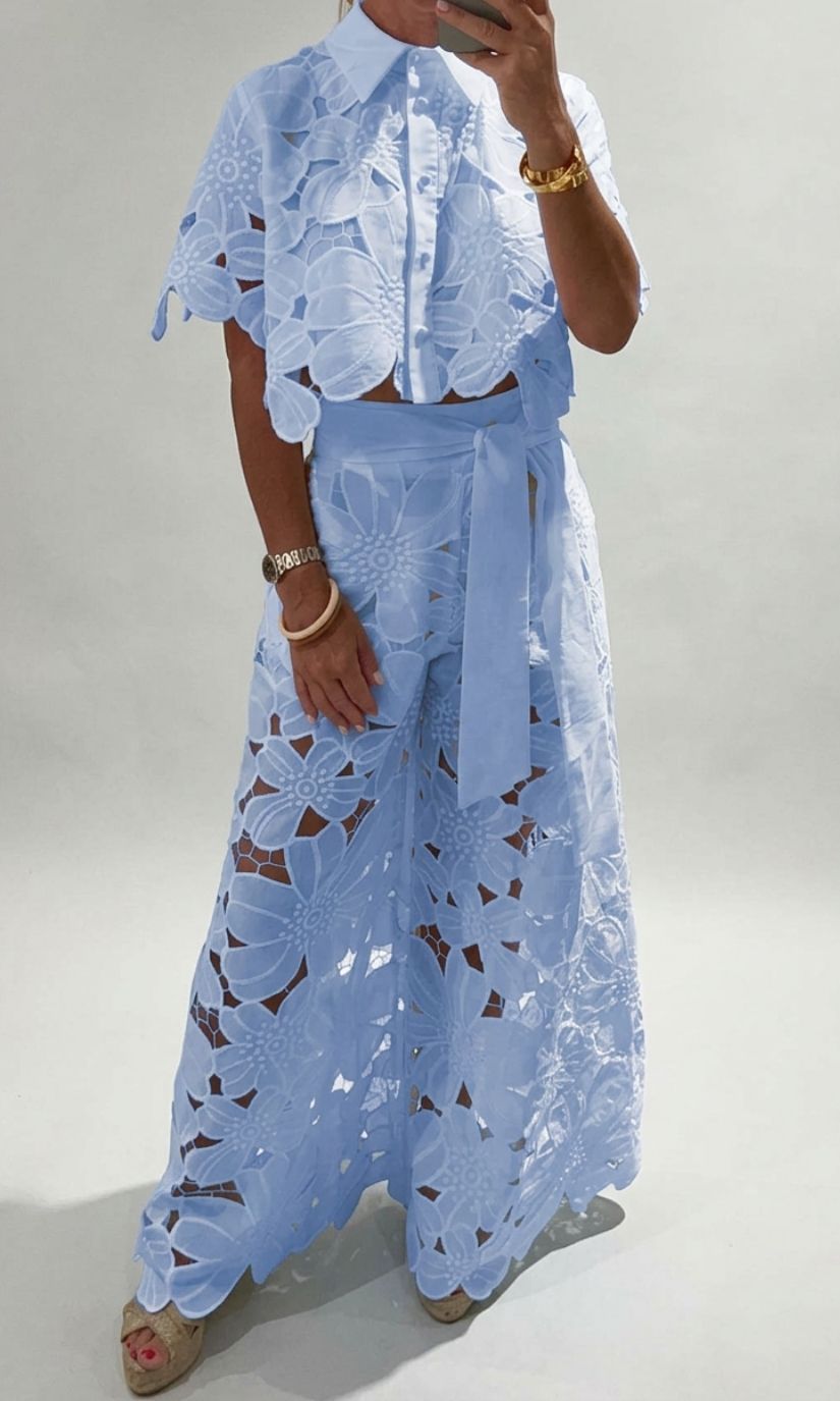 Tweedelige Dames Kanten Set met Crop Top en Wijde Broek