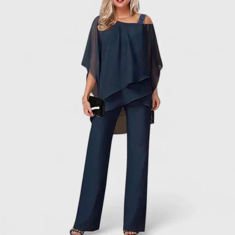Tweedelige Dames Set met Off shoulder Blouse en Broek