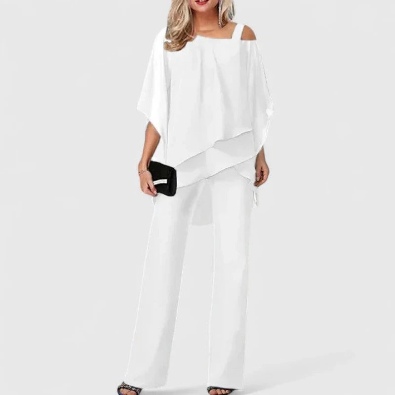 Tweedelige Dames Set met Off shoulder Blouse en Broek