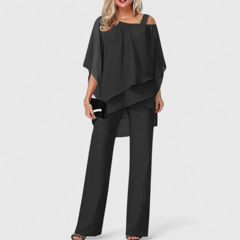 Tweedelige Dames Set met Off shoulder Blouse en Broek