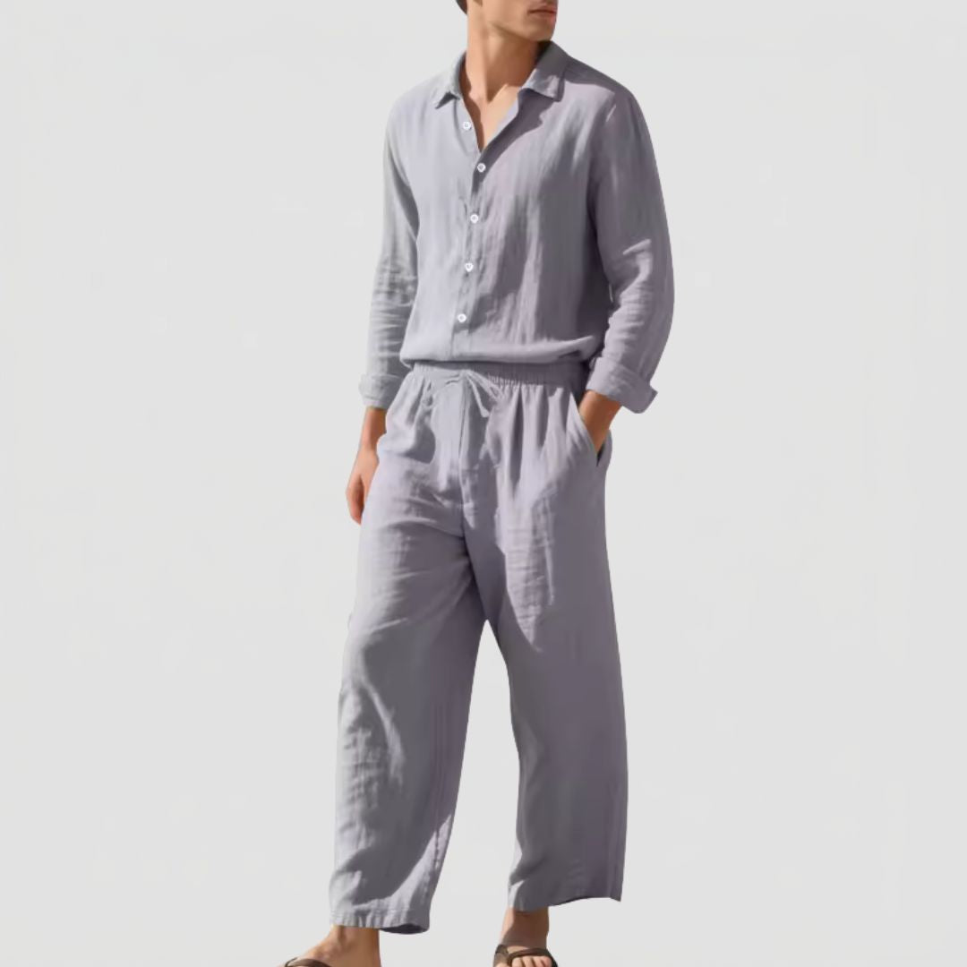 Tweedelige Heren Linnenmix Set met Overhemd en Broek