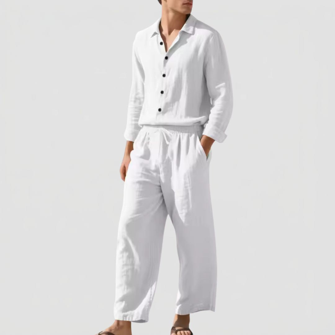 Tweedelige Heren Linnenmix Set met Overhemd en Broek