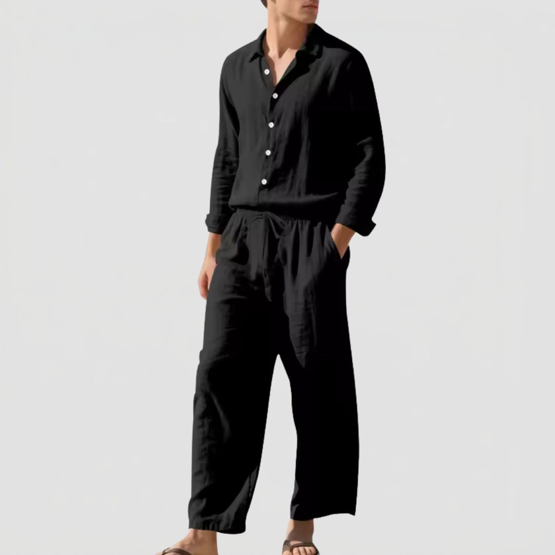 Tweedelige Heren Linnenmix Set met Overhemd en Broek