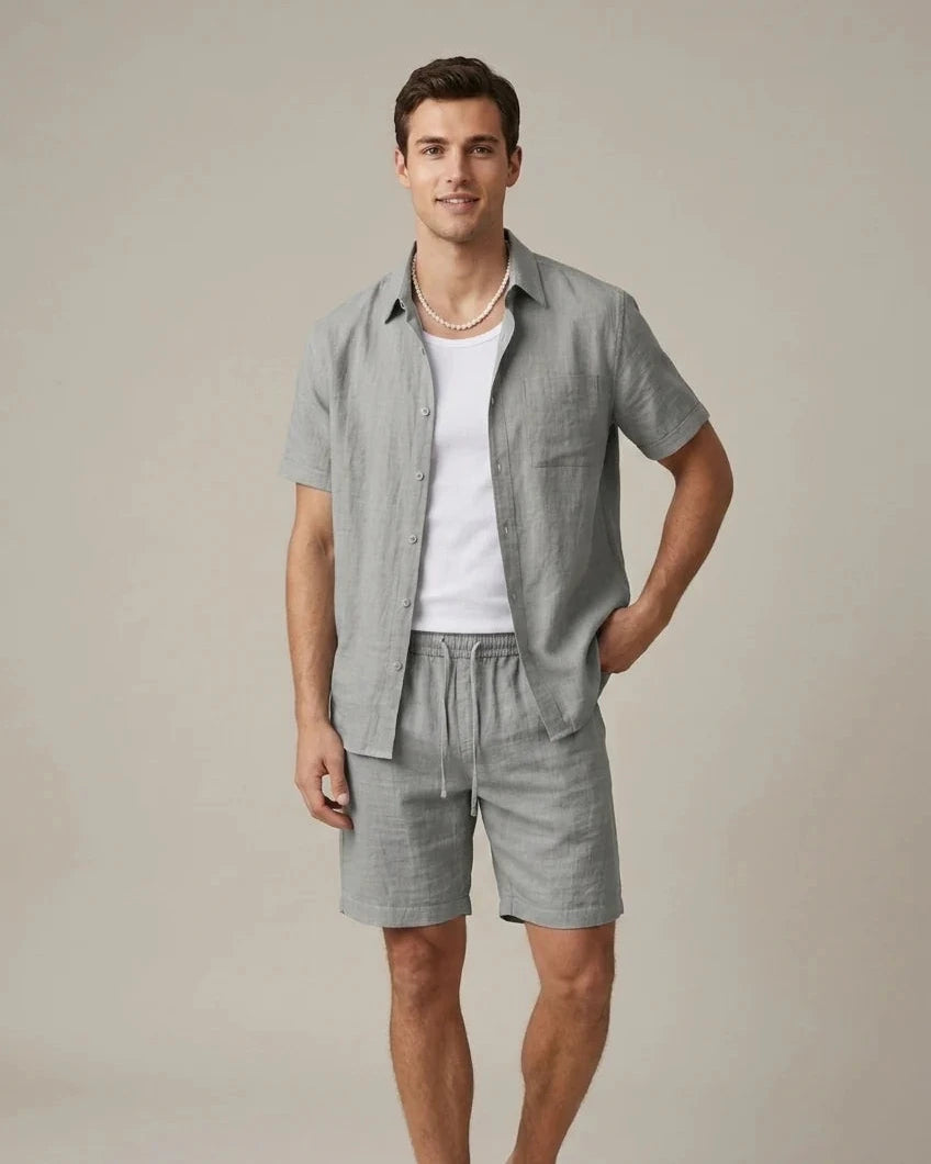 Tweedelige Heren Linnenmix Zomerset met Overhemd en Korte Broek
