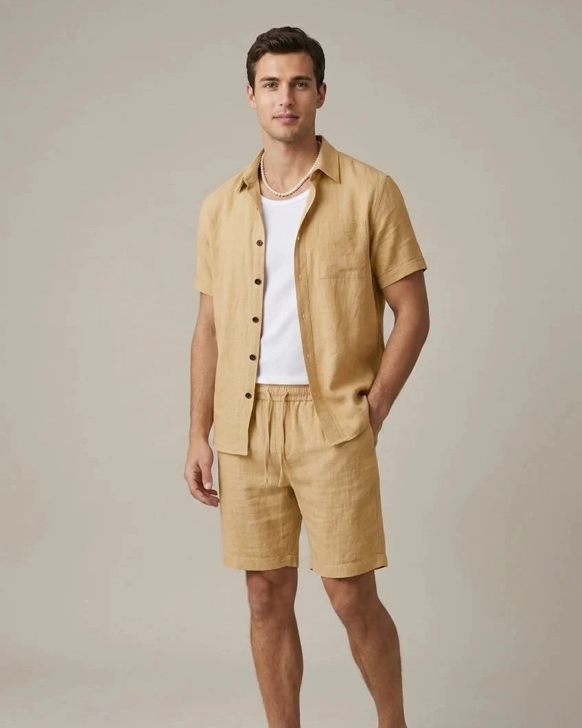 Tweedelige Heren Linnenmix Zomerset met Overhemd en Korte Broek