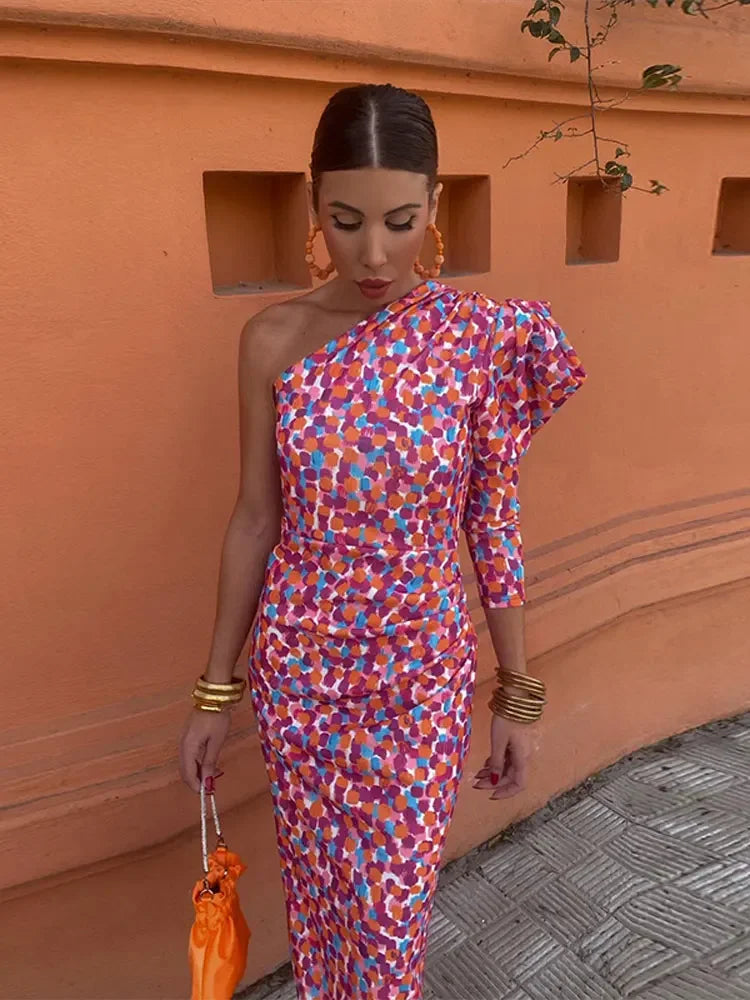 Elodie Asymmetrische Jurk – One-Shoulder met Kleurrijke Print