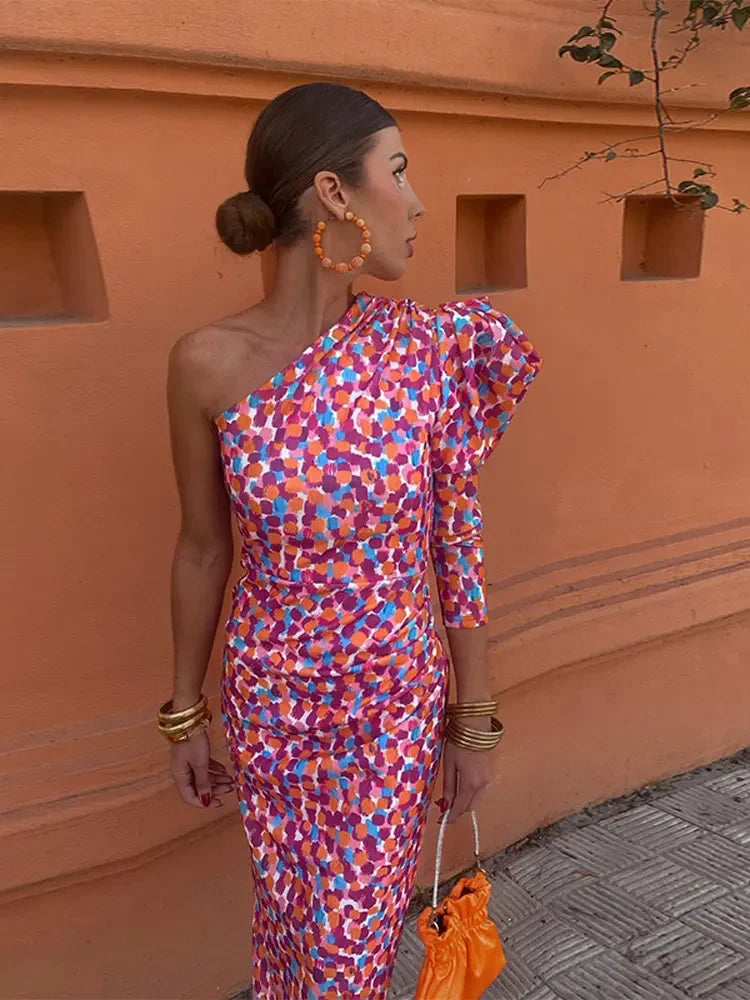 Elodie Asymmetrische Jurk – One-Shoulder met Kleurrijke Print